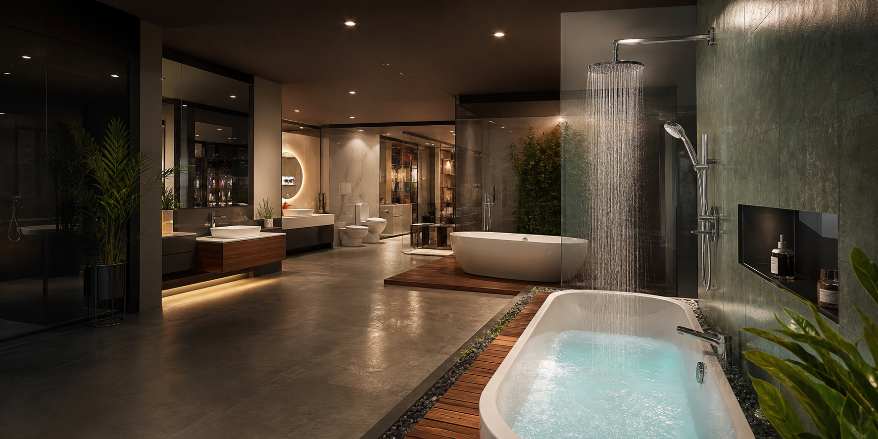Realistic view of bath fittings, bathtub and shower displays in a premium showroom