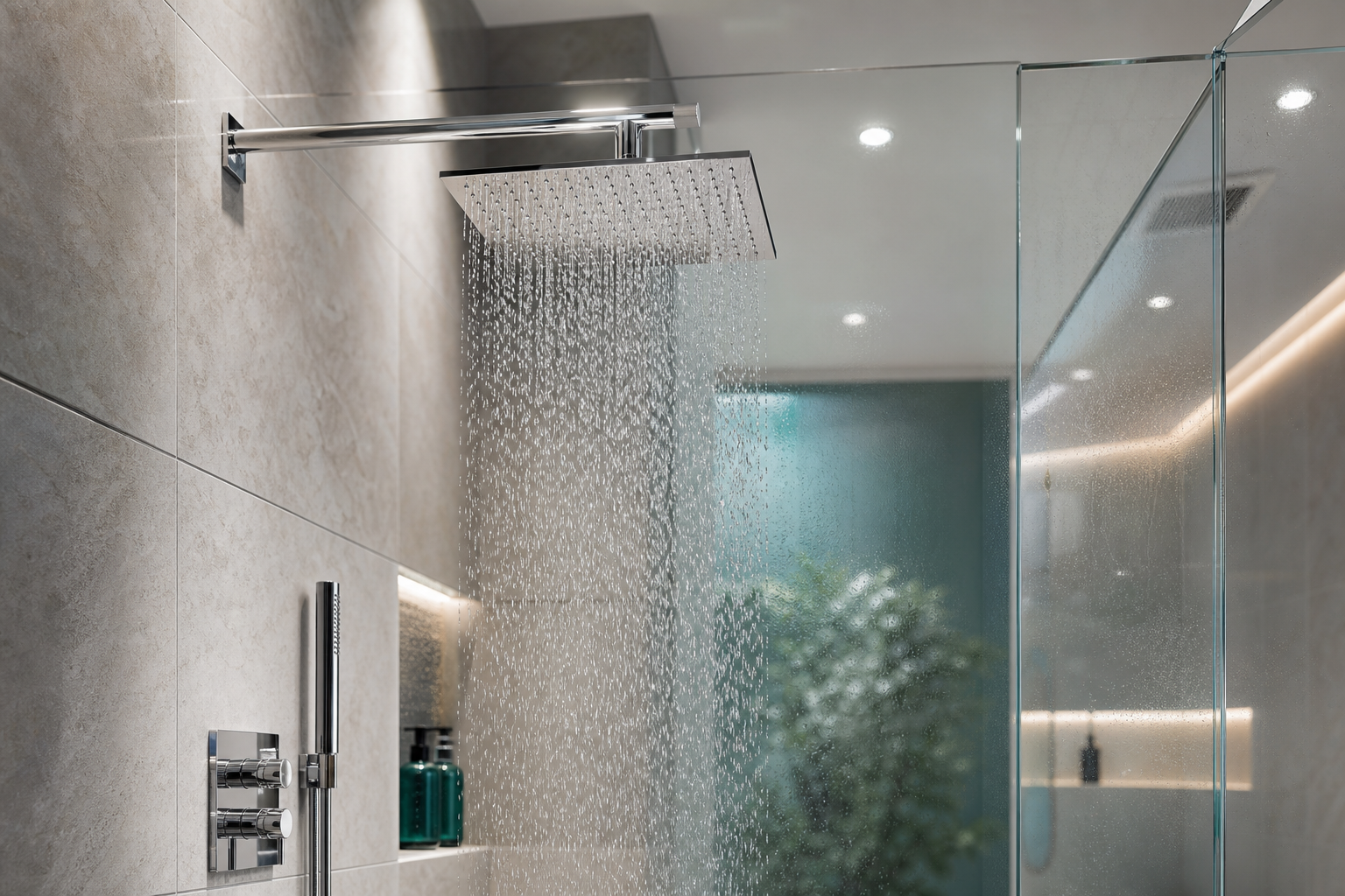 Realistic rain shower display running in a premium showroom