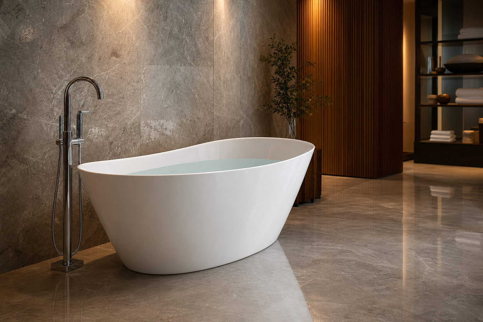 Realistic freestanding bathtub display with a chrome floor-mounted faucet